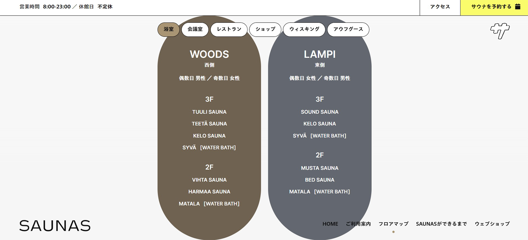 8種類9つのサウナ室を用意